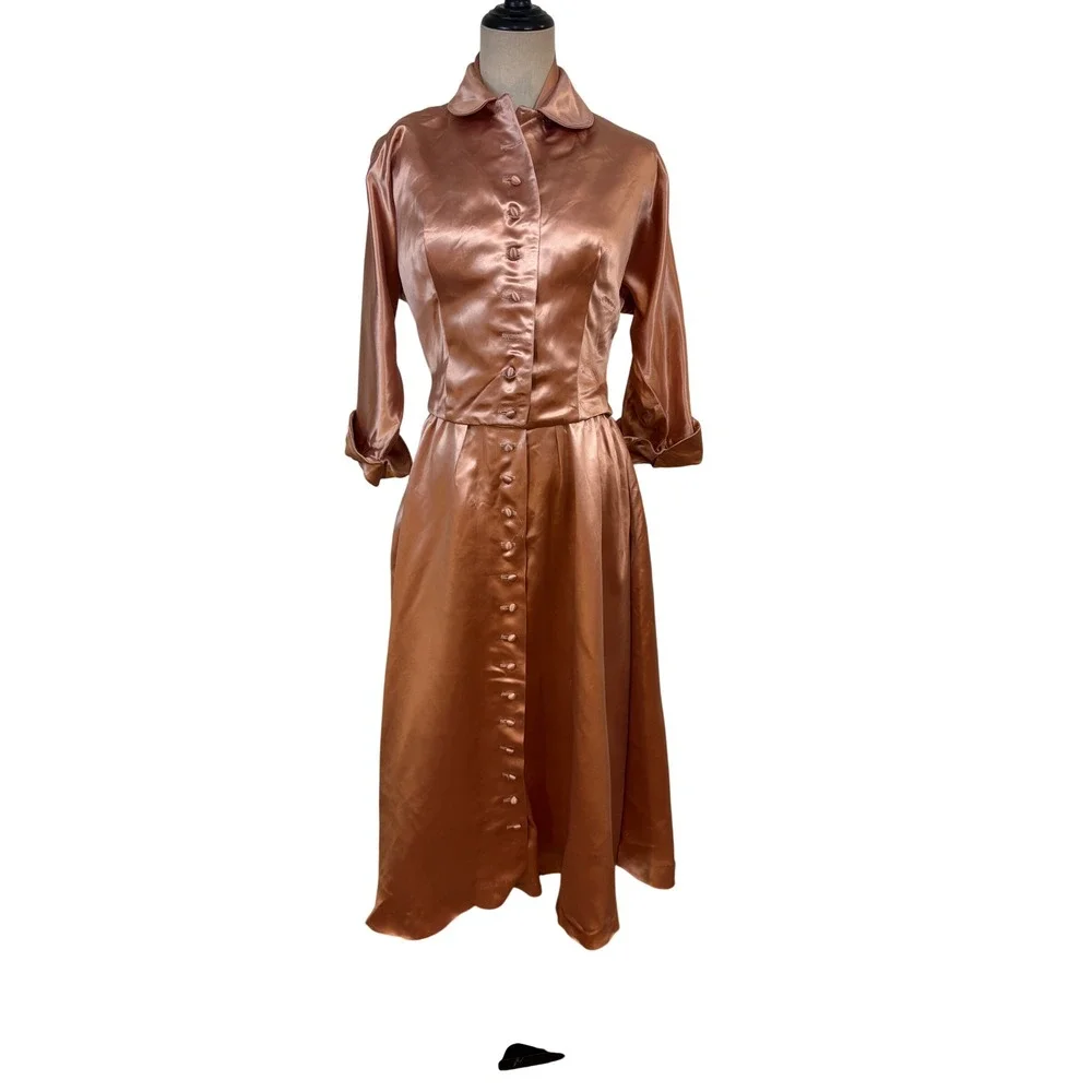 Vtg 50s Slipper Satin Halter Dress Jacket Copper Pockets 2pc Set 28